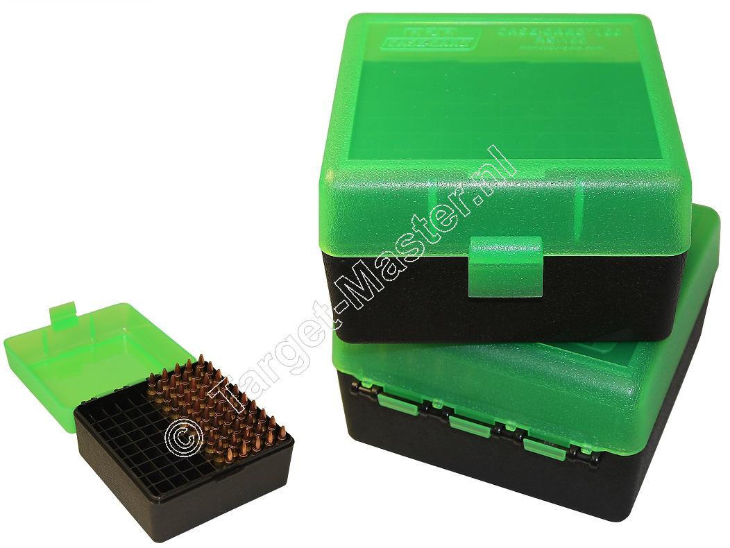 MTM RS100 Flip-Top Ammo Box CLEAR GREEN / BLACK content 100